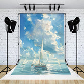 Aperturee - Oil Painting Blue Sky Sailboat Sea Photo Backdrop